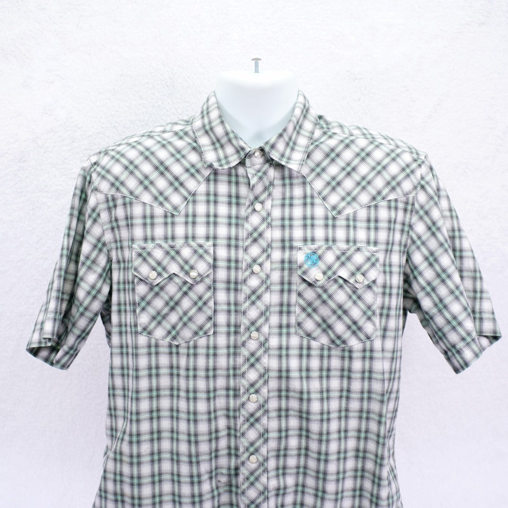 Wrangler Retro -Large- Check White Green Check Pearl Snap Collared Button Front